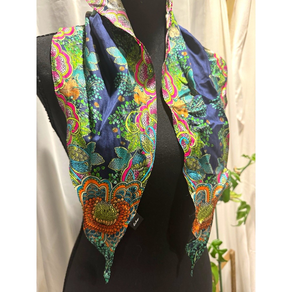 Vintage Echo Silk Neck Scarf or Hair Band Bright Floral Scalloped Edge Paisley